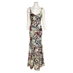 Nicole Miller Colorful Floral Print Lace Trumpet Gown Maxi Evening Dress Size 6